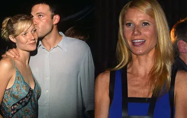 A man kisses a woman's forehead; she wears a patterned dress. A second image shows the woman smiling in a blue dress.