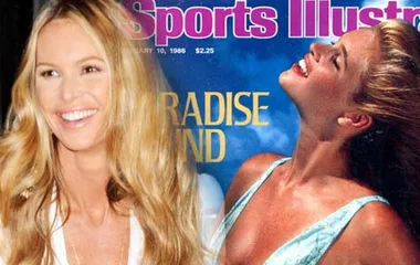 Elle Macpherson smiling and posing, overlayed with a vintage Sports Illustrated cover featuring her in a swimsuit.
