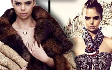 Samantha Harris in fashionable outfits, one in a fur coat and the other a patterned dress, ahead of Indigenous Fashion Week.