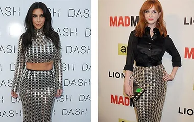 Kim Kardashian and Christina Hendricks both wear similar houndstooth-patterned outfits in side-by-side images at events.