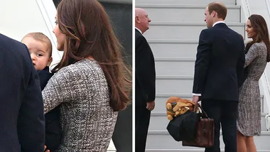 A couple in formal wear with a baby and luggage, boarding a plane; an official greets them on the stairs.