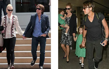 Nicole Kidman and Keith Urban are pictured holding hands and walking with their children in casual settings.