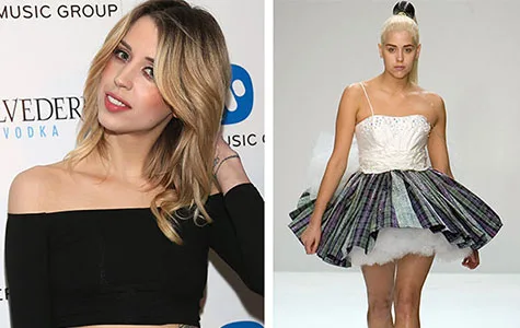 Two images: Left, woman with blonde hair in a black top at an event; right, model in a white and plaid dress on the runway.