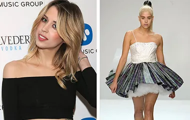 Two images: Left, woman with blonde hair in a black top at an event; right, model in a white and plaid dress on the runway.