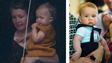 Two side-by-side images of babies; left baby in a mustard outfit, right baby in a navy jumpsuit, being held by adults.
