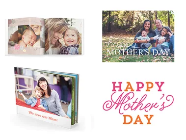 Mother's Day gift ideas including photo books and cards with family images and text celebrating moms.