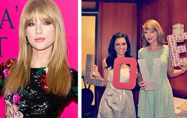 Taylor Swift at an event and later at a bridal shower, holding letters spelling "LOVE" with a friend.