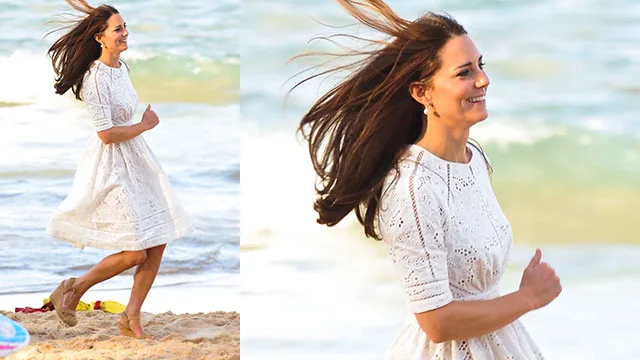 Kate doing her best Baywatch impression in high heels on Manly Beach.