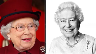 Two portraits of an elderly woman with glasses and pearl necklace: one in color, one black and white.