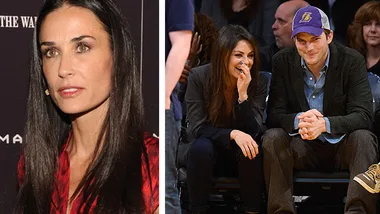 Demi Moore at an event; a couple sitting courtside at a basketball game laughing together.