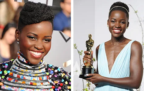 Lupita Nyong'o smiling in colorful attire; holding an Oscar in a light blue gown.