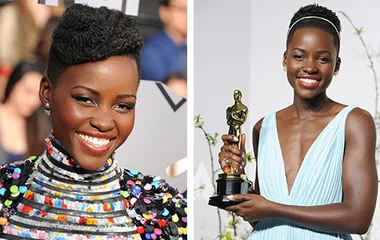 Lupita Nyong'o smiling in colorful attire; holding an Oscar in a light blue gown.