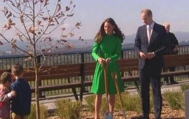 A woman in a green dress and a man in a suit plant a tree with children watching, set against a scenic backdrop.