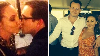 A collage of two photos: a couple kissing on the left, and a smiling pair posing together on the right at an event.