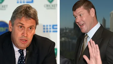 David Gyngell and James Packer in separate photos, both in suits, facing and speaking to out-of-frame individuals.