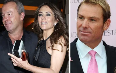 Two images: a woman with a man, and a separate portrait of a man in a suit and pink tie.