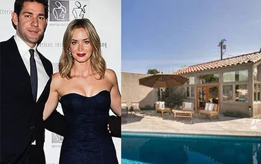 A couple in formal attire pose at an event; next to them is an outdoor view of a house with a pool.