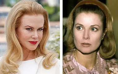 Nicole Kidman as Grace of Monaco alongside an image of the real Princess Grace in similar classic hairstyles.
