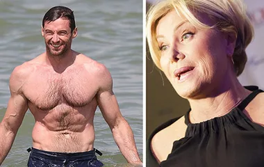 Man with muscular build in water; woman with short blonde hair speaking.