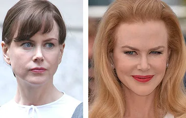 Two side-by-side images of a woman with different looks; one with short brown hair, the other with long blonde hair.