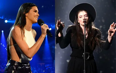 Kendall Jenner speaking on stage and Lorde performing at the 2014 Billboard Music Awards.