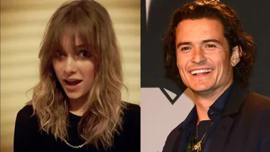 Orlando Bloom and a woman smiling, side by side, in a candid and a formal setting.