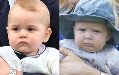 Two babies with pouting expressions; one wears a white sweater, the other a gray hat.