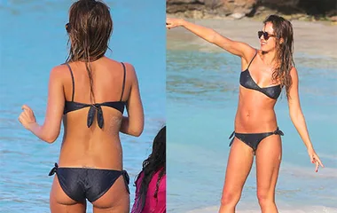 Two views of a woman in a black bikini at the beach, standing on sand, with sunglasses.