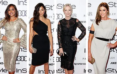 Four women pose on the red carpet at the InStyle Women of Style Awards, wearing elegant dresses.