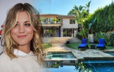 Kaley Cuoco with wavy hair, smiling next to an image of a luxurious house with a pool and garden.