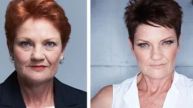 Portraits of the same woman before and after a makeover, showing changes in hairstyle and expression.