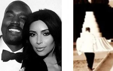 Kim and Kanye smiling in a photo booth; a large wedding cake in the background.