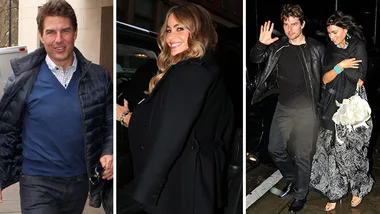 Tom Cruise and Sofia Vergara walking separately, wearing stylish outfits, in a collage of candid paparazzi shots.