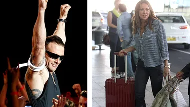 Two people: one in sunglasses raising arms, and a woman with luggage at an airport terminal.