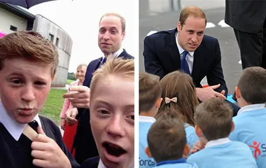 Young boys take a selfie with an adult in a suit in one image; he kneels to talk with more children in the other.