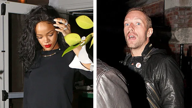 Rihanna and Chris Martin leaving a restaurant separately at night.