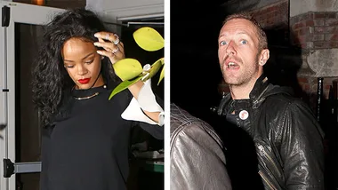 Rihanna and Chris Martin leaving a restaurant separately at night.