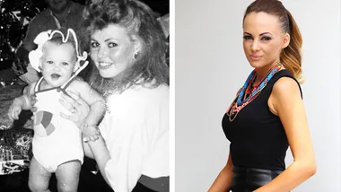 A black-and-white photo of a mother holding a baby beside a portrait of a woman in a black top with colorful necklaces.