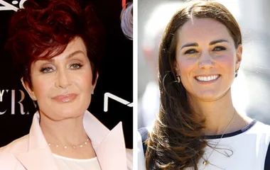 Sharon Osbourne and the Duchess of Cambridge in side-by-side portraits, both smiling.