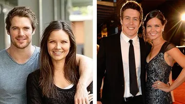 Couple smiling together in casual and formal attire at an event.