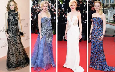 Nicole Kidman in four elegant gowns on the red carpet, showcasing her couture fashion choices.
