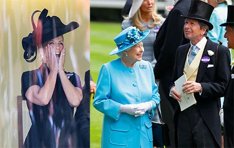 Royal event at Ascot: Woman in black dress, hat (left) excitedly reacts; Queen in blue coat, hat (right) smiling with group.