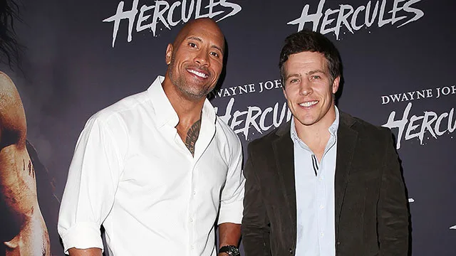 "Dwayne Johnson and Stephen Peacocke on the red carpet for the 'Hercules' premiere."