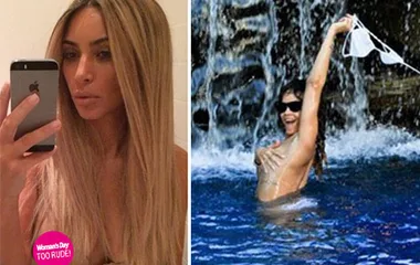 Two images: Left shows woman taking a selfie with long hair, right shows woman in pool holding bikini top, smiling.