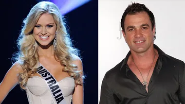 Two individuals standing side by side; one is wearing a sash with "Australia," the other in a dark shirt.