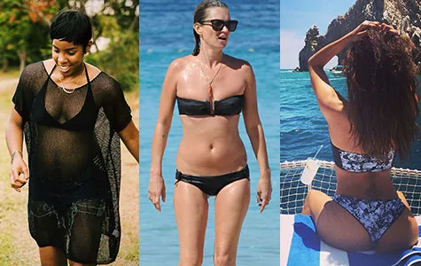 Three women in swimwear enjoying sunny beach settings; first in black cover-up, second in bikini at seaside, third on boat.