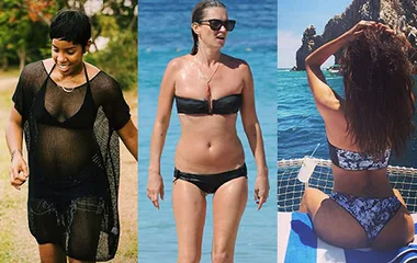 Three women in swimwear enjoying sunny beach settings; first in black cover-up, second in bikini at seaside, third on boat.