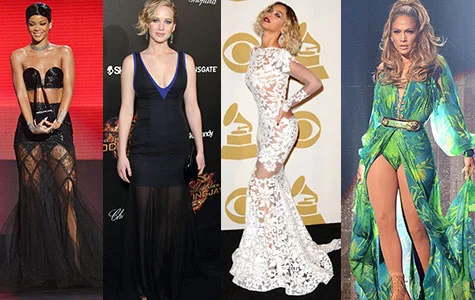 Women in glamorous dresses at a red carpet event, showcasing diverse fashion styles.