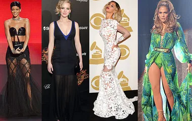 Women in glamorous dresses at a red carpet event, showcasing diverse fashion styles.