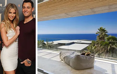 A couple poses at an event; adjacent is a luxurious home interior with a scenic ocean view through large windows.